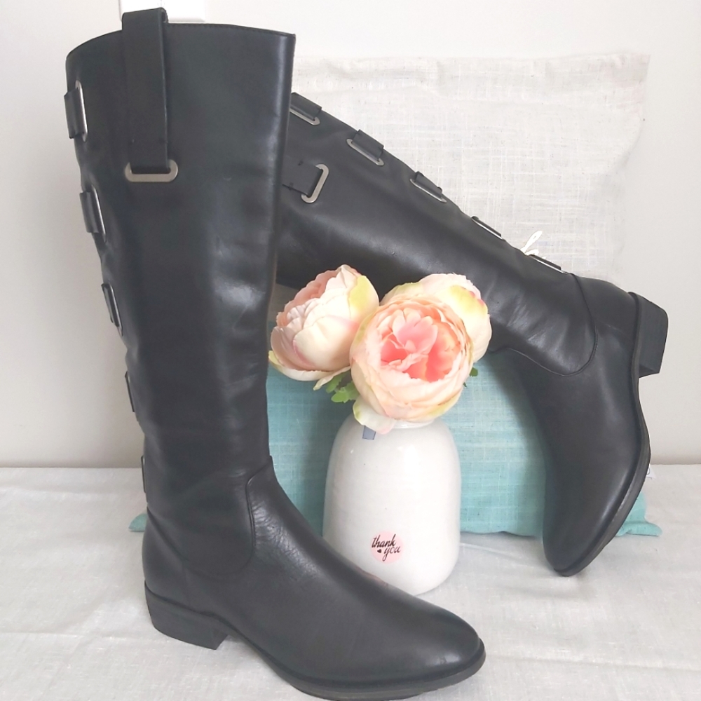 Arturo Chiang Black Leather Tall Boots Knee High Low Heel